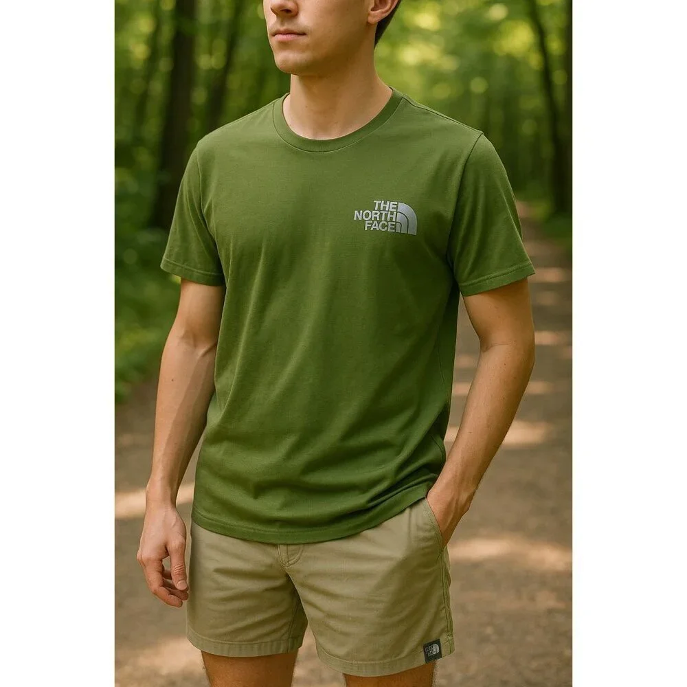 The North Face Mens T-Shirt Small S Green Short Sleeve Vertical Logo Cotton Tee